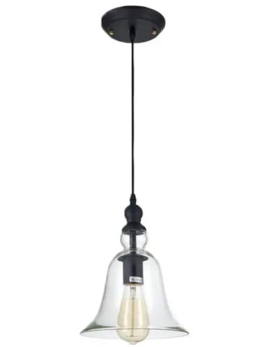 Lampa sufitowa wisząca Lare w kolorze czarnym z przezroczystym kloszem ze szkła. Wymiary 20x20x25 cm. Ujęcie z dołu, pokazujące elegancki detal oprawy oraz źródło światła w środku. Idealna do nowoczesnych wnętrz.