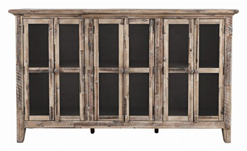 Komoda Avola III w kolorze brązowym, o wymiarach 178x38x106,5 cm, z 4 szklanymi drzwiami i drewnianym wykończeniem. Widok frontalny z pełnym ujawnieniem detali, takich jak okrągłe uchwyty i teksturowana powierzchnia. Tło białe.
