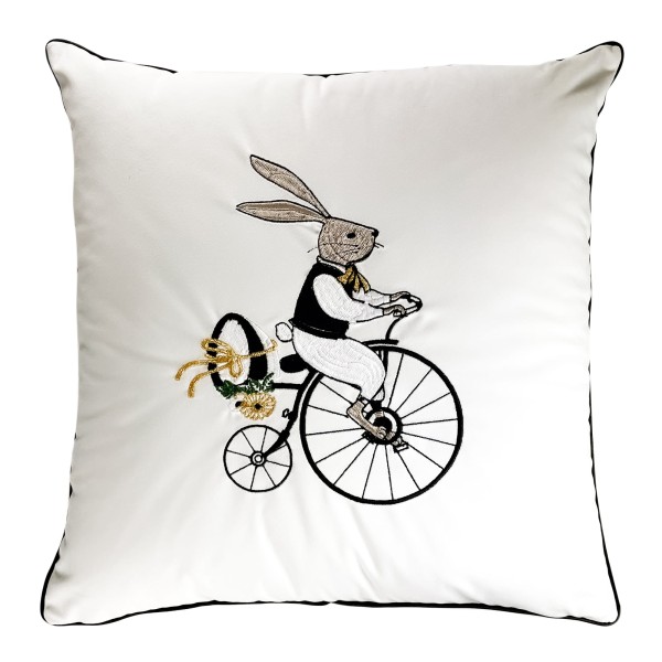 Poduszka Haftowana Dekoracyjna Zajączek Cyklista - Różne Kolory Tkanin