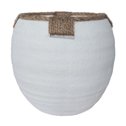 Wazon Bali 14x14x19 cm w kolorze białym, o zaokrąglonym kształcie. U góry znajduje się ozdobne wykończenie z naturalnego sznura, które dodaje tekstury. Produkt widoczny z boku, na neutralnym tle. Bez dodatkowych wzorów czy napisów.