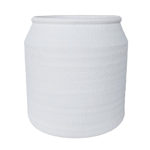 Wazon Terri w białym kolorze o wymiarach 25x25x26 cm, stojący, z lekko teksturowaną matową powierzchnią. Forma cylindryczna z delikatnie zaokrąglonym brzegiem, prezentujący minimalistyczny design na białym tle.