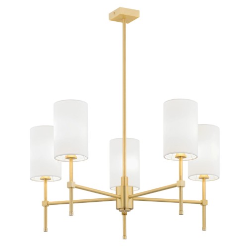Lampa wisząca Abruzzo w kolorze białym z mosiądzu, o wymiarach 78x70x70 cm, z pięcioma cylindrycznymi kloszami. Ujęcie frontalne, produkt wisi na długim przewodzie. Tło białe, podkreślające elegancki design i nowoczesny charakter lampy.