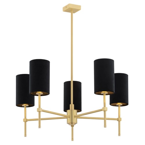 Lampa wisząca Abruzzo w kolorze czarnym z mosiężnymi elementami, o wymiarach 78x70x70 cm. Posiada pięć cylindrycznych kloszy z tekstylnego materiału oraz metalową ramę. Produkt umieszczony jest wisząco, na jednolitym białym tle.