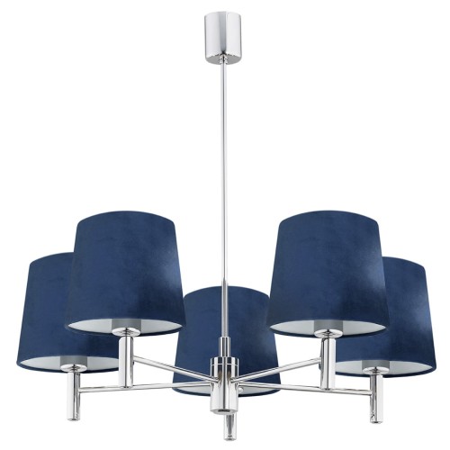 Granatowa lampa wisząca Bolzano z tekstylnymi kloszami (5 szt.) na chromowanej podstawie. Wymiary 63x71x71 cm, nowoczesny design, białe tło, ujęcie frontalne.