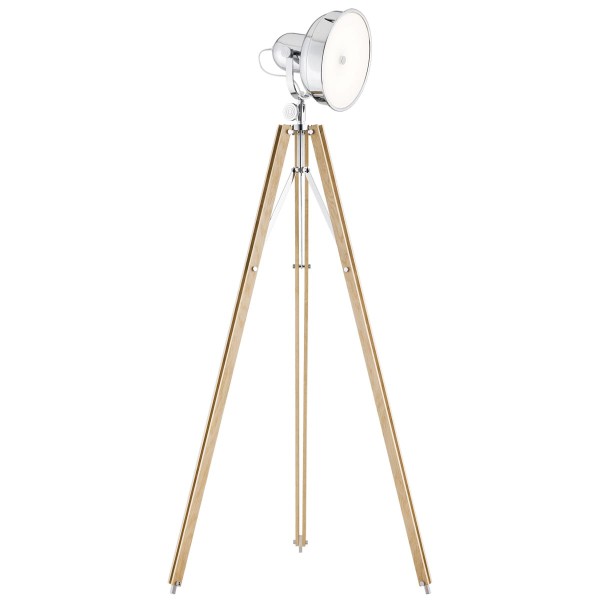 Lampa Podłogowa na Trójnogu Foto New Drewno Naturalne Chrom Wys. 60cm