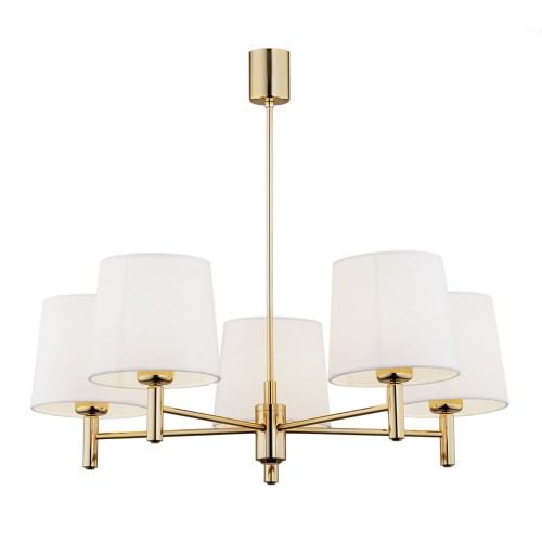 Lampa wisząca Ponte Plus w kolorze śmietankowej bieli o wymiarach 63x71x71 cm, z pięcioma białymi kloszami na złotej konstrukcji. Produkt montowany sufitowo, z eleganckim wykończeniem, idealny do nowoczesnych wnętrz.