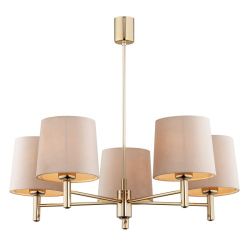 Lampa wisząca Ponte Plus w kolorze beżowym, o wymiarach 63x71x71 cm, z pięcioma kloszami, wykonana z metalu w złotym wykończeniu. Klosze z miękkiego materiału, z wewnętrzną złotą stroną, umieszczone na prostokątnej podstawie.