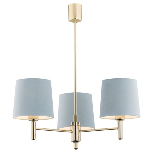 Lampa wisząca z trzema błękitnymi kloszami, wykonana z metalu w złotym wykończeniu. Produkt umieszczony wisząco, widoczny w prostym tle. Wymiary: 63x47.5x47.5 cm. Klosze mają cylindryczny kształt, zapewniają miękkie światło.