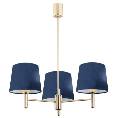 Lampa wisząca Ponte w kolorze granatowym z trzema kloszami. Metalowa konstrukcja w kolorze złotym. Wymiary 63x47.5x47.5 cm. Wisząca, z prostym, minimalistycznym designem. Widok frontalny, na białym tle.