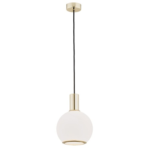 Lampa wisząca Sagunto z kulistym, białym matowym kloszem z opalowego szkła i mosiężnymi detalami, na czarnym przewodzie. Wymiary: 121x20x20 cm, idealna do eleganckich wnętrz.