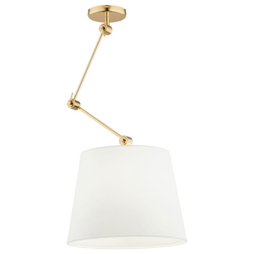Lampa wisząca Zakyntos Plus z białym kloszem i mosiężnymi elementami. Metalowe mocowanie z regulacją wysokości, zamontowana sufitowo, w bliskim ujęciu. Klosz ma kształt walca, na jednolitym tle. Wymiary: 95x40x40 cm.
