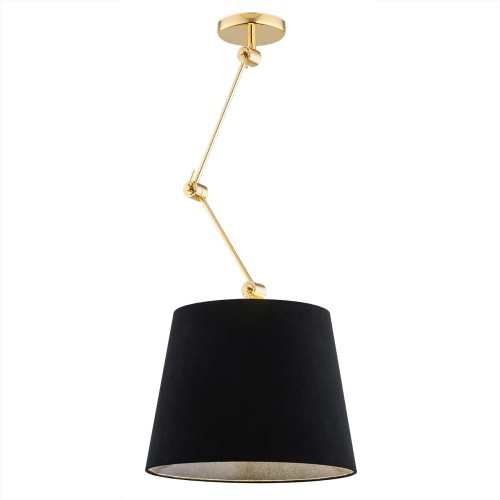Lampa wisząca Zakyntos Plus w czarnym kolorze, wykonana z materiału o matowej fakturze. Posiada złote metalowe detale oraz cylindryczny klosz zewnętrzny. Ujęcie frontalne, pokazujące lampę zawieszoną pod sufitem. Wymiary: 95x40x40 cm.