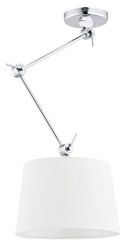 Lampa wisząca Zakyntos o biegu chromowym i białym abażurze, w kształcie cylindrycznym, zawieszona na regulowanym ramieniu. Wymiary 95x40x40 cm, styl minimalistyczny, montowana do sufitu. Ujęcie frontalne.