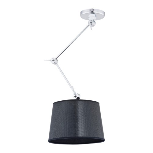 Lampa wisząca Zakyntos czarna z chromowanymi detalami, okrągły klosz 40 cm na regulowanym ramieniu. Wymiary 95x40x40 cm. Elegancki design na białym tle, gładka powierzchnia.
