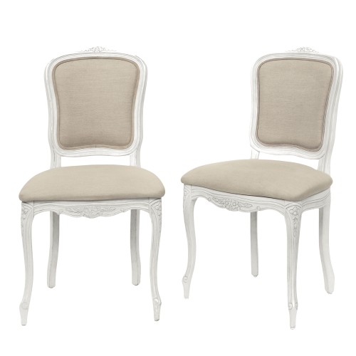 Szare krzesła Provencale Laura Ashley, 54x53x93 cm, z białym wykończeniem, jasnoszara tapicerka, faliste oparcie i rzeźbione nogi. Proste tło podkreśla klasyczny design.