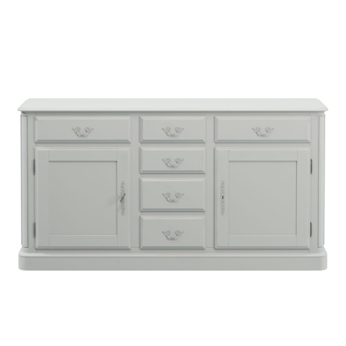 Szara komoda Provencale Laura Ashley o wymiarach 160x41x85 cm, z sześcioma szufladami i dwiema drzwiami. Mebel frontowy z delikatnymi zdobieniami, z boku widoczna faktura materiału. Ujęcie frontalne, na jednolitym tle.