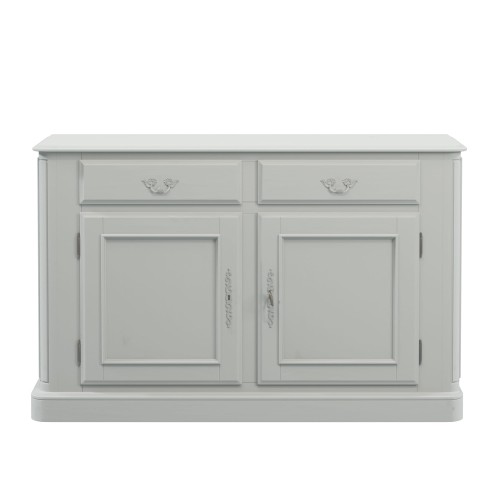 Szara komoda Provencale Laura Ashley o wymiarach 132x41x85 cm. Frontalne ujęcie, z dwiema szufladami i dwoma drzwiami. Ozdobne uchwyty, gładka powierzchnia. Mebel stojący, umieszczony na jednolitym tle. Idealny do aranżacji wnętrz.