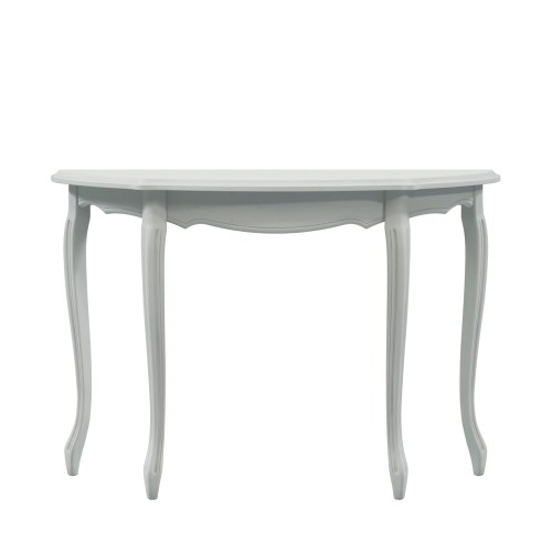 Szara konsola Provencale Laura Ashley 110x35x75 cm z zaokrąglonym blatem i zdobionymi, kręconymi nogami. Front na jednolitym tle, bez dekoracji. Gładka, przypominająca drewno.
