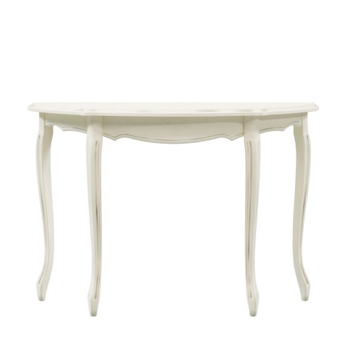 Konsola Provencale Laura Ashley w kolorze kości słoniowej. Prosta, lekko zaokrąglona forma, z elegancko wyprofilowanymi, wysmukłymi nogami. Wymiary 110x35x75 cm, widok frontalny, na jednolitym tle. Brak widocznych napisów i logo.