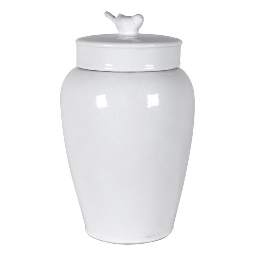 Waza ceramiczna w białym kolorze z błyszczącą powierzchnią i drobną teksturą. Okrągły kształt, z pokrywą zakończoną dekoracyjnym uchwytem w formie ptaka. Stojąca pozycja, wysokość 35 cm, na neutralnym tle.