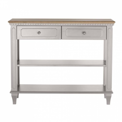 Konsola drewniana Hanover Laura Ashley w jasno szarym kolorze, o wymiarach 100x35x80 cm. Frontalne ujęcie ukazuje dwa szuflady z okrągłymi gałkami i dolną półkę. Górna część ma naturalne wykończenie, a nóżki są lekko zaokrąglone.