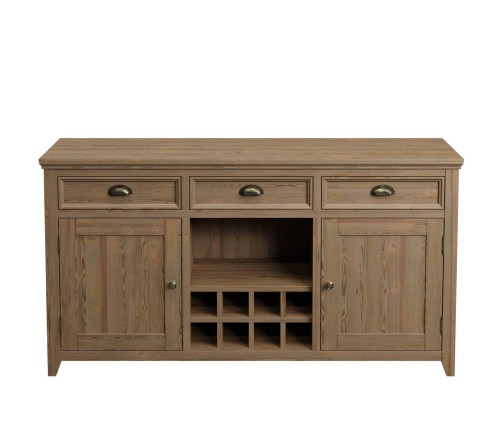Komoda Merrion Laura Ashley w jasnym brązie. Posiada dwa szuflady i dwa zamykane drzwi z wnętrzem na butelki. Ujęcie frontalne, produkt stoi na płasko. Prosty, neutralny kontekst na białym tle, ukazujący detale wykończenia. Wymiary 159x45x85 cm.