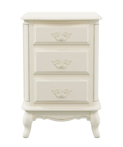 Szafka nocna Provencale Laura Ashley w kolorze kości słoniowej, wymiary 45x38x68 cm. Zawiera trzy szuflady z dekoracyjnymi uchwytami w stylu klasycznym. Stojąca konstrukcja, widok frontalny, gładka powierzchnia i lekko zaokrąglone nóżki.