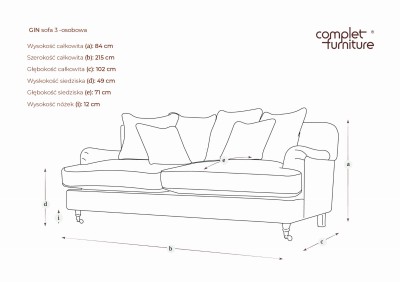 Trzyosobowa  Komfortowa Sofa Brighton  215x102x84cm - Opcje Wyboru Tkaniny 9