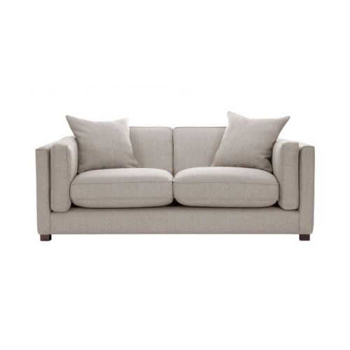 Nowoczesna, 2,5-osobowa sofa Empirio w jasnoszarym kolorze, wymiary 195x105x78 cm, proste linie, dwie poduszki, widoczna struktura tapicerki, drewniane nóżki, sofa rozłożona, bez dekoracji.