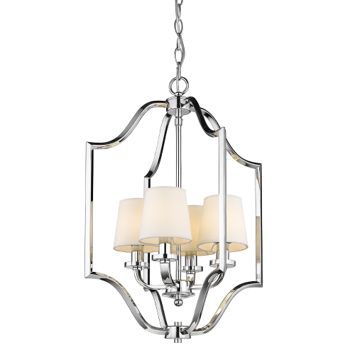 Lampa sufitowa wisząca Ventalio w kolorze chromowym, z białymi kloszami. O wymiarach 46x46x67 cm, ma sześć uformowanych kloszy, zamocowaną na łańcuchu konstrukcję. Widok z perspektywy frontalnej na wykończenie i detale mocowania.