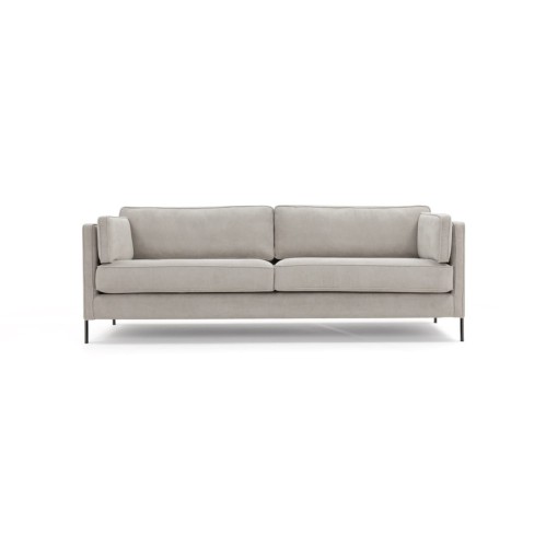 Jasnoszara, 3,5-osobowa sofa Jovan o prostym kształcie, z szerokimi poduchami i miękkim obiciem. Metalowe nogi w stylu minimalistycznym. Wymiary: 222x92x82 cm. Idealna do nowoczesnych wnętrz.