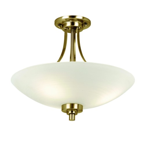 Lampa sufitowa wisząca Welles o średnicy 35 cm, wykonana z białego szkła i mosiądzu, zawieszona na delikatnych uchwytach. Frontalne ujęcie, stonowane tło, bez widocznych napisów lub logo. Idealna do nowoczesnych wnętrz.