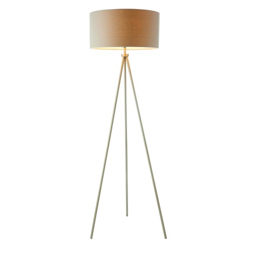Lampa podłogowa na trójnogu w kolorze matowego niklu o wysokości 152,5 cm, z okrągłym kloszem w odcieniu brązowym. Stoi na trzypunktowej podstawie, z widocznym włącznikiem. Zdjęcie z ujęciem frontalnym na białym tle.