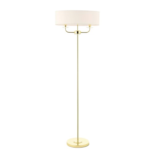 Lampa podłogowa Nixon w kolorze mosiądzu, o wysokości 157 cm, z okrągłym, białym abażurem. Stojąca, z prostą metalową nogą i stabilną podstawą. Ujęcie frontalne, na jednolitym tle, podkreślające elegancki design.