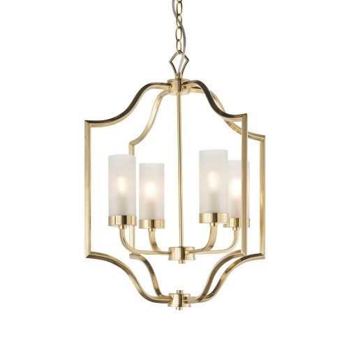 Lampa sufitowa wisząca Edrea, wykonana z metalu i szkła, o wysokości 100 cm. Złota konstrukcja z pięcioma cylindrycznymi kloszami z mlecznego szkła. Produkt zawieszony, widok frontalny na elegancki kształt i detale wykończenia.