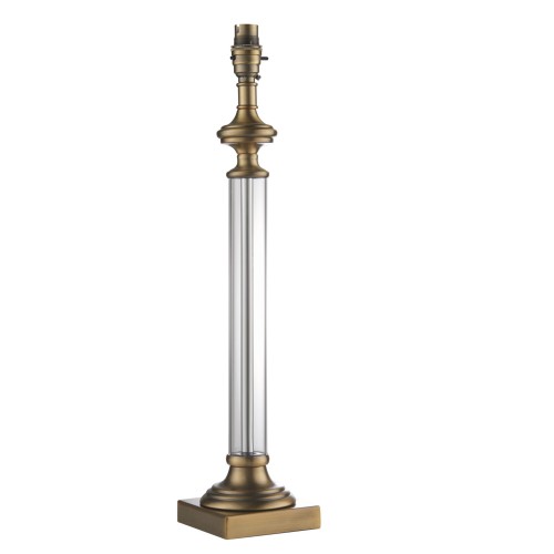 Podstawa lampy stołowej o wysokości 51,5 cm, wykonana z antycznego mosiądzu i szkła. Produkt stojący, widoczny w pozycji frontalnej. Wykończenie metaliczne z dekoracyjnym, cylindrycznym szkłem w centrum. Baza kwadratowa, minimalistyczny design.