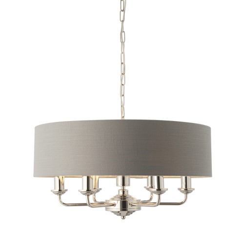 Lampa sufitowa Highclere, grafitowa, tkanina, klosz 35 cm, wysokość 174 cm, cylindryczny klosz na łańcuchu, metalowe srebrne elementy, konstrukcja z pięcioma źródłami światła.
