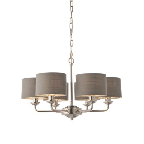 Lampa sufitowa wisząca Highclere w kolorze szarym z metalowymi detalami. Posiada pięć cylindrycznych kloszy, zawieszonych na łańcuchu. Produkt znajduje się na białym tle, co podkreśla jego elegancki wygląd. Wymiary: wysokość 185.5 cm.