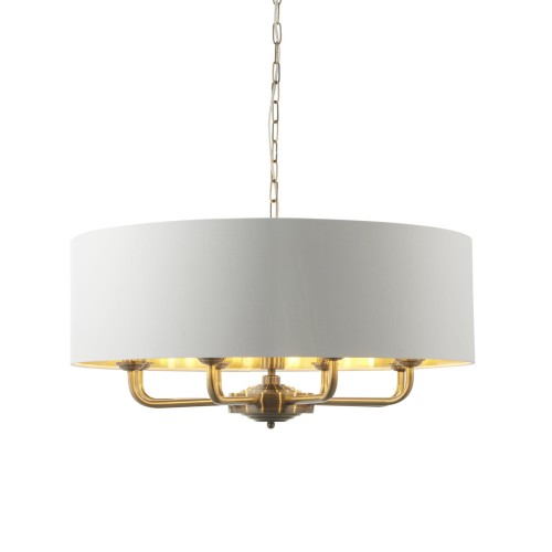 Lampa sufitowa wisząca, biała z antycznym brązem, okrągła z tkaninowym kloszem, metalowe mocowania, wysokość 55-174,5 cm na łańcuchu, widoczna na jednolitym tle.