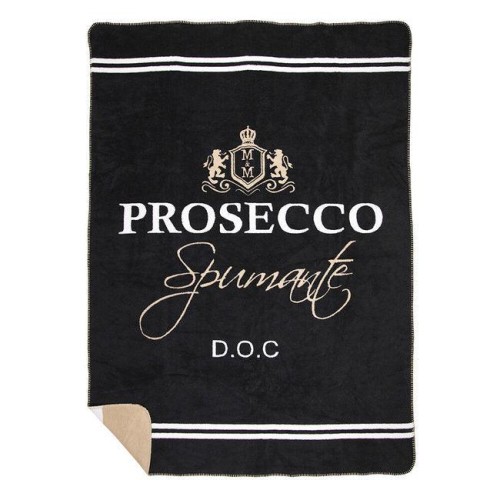 Dwustronny koc Prosecco 150x200 cm, czarny z białymi i złotymi napisami PROSECCO i Spumante, miękki z fakturą, białe paski na brzegach, widoczne logo.
