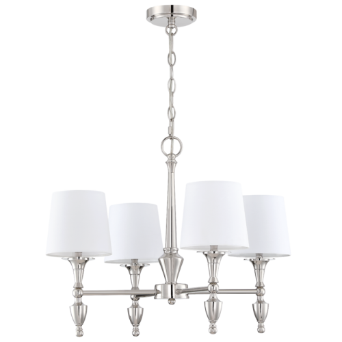 Klasyczna lampa sufitowa wisząca Fresco w kolorze polerowanego niklu, z czterema białymi kloszami. Produkt zawieszony na łańcuchu, ukazany z dołu, podkreślający detale metalowej konstrukcji oraz kształt kloszy. Wymiary 61x46 cm.
