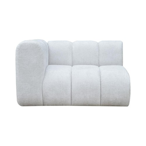 Modułowa sofa Cubist, prosty lewy element, w kolorze jasnoszarym. Kształt zaokrąglony, z trzema segmentami. Obicie z miękkiego materiału, z widocznymi przeszyciami. Ujęcie frontalne, prezentujące sofę w neutralnym tle. Wymiary 114x89x70 cm.