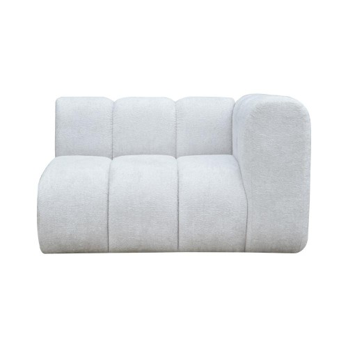 Modułowa sofa Cubist w kolorze jasnoszarym z prostym prawym elementem, o wymiarach 114x89x70 cm. Sfotografowana frontalnie, z widocznymi odcinkami o teksturowanej powierzchni, zaokrąglonymi krawędziami i bez ozdób.