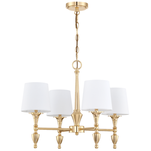 Elegancka lampa sufitowa wisząca Fresco w kolorze błyszczącego złota, o wymiarach 61x46 cm, z białymi kloszami. Widok frontalny na cztery źródła światła zamocowane na prostokątnej podstawie. Lampę zawieszono na złotym łańcuszku.