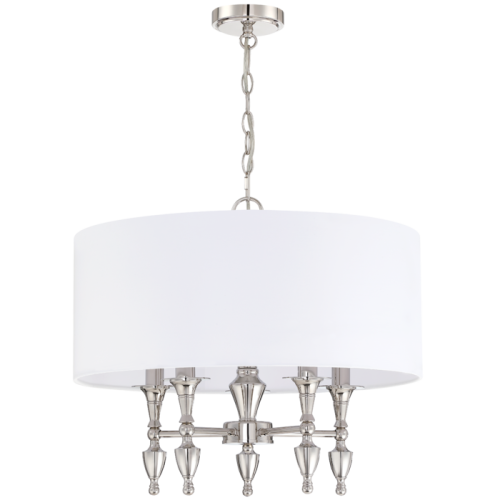 Wisząca lampa sufitowa Fresco w polerowanym niklu o średnicy 55 cm i wysokości 47 cm. Posiada biały abażur oraz dekoracyjne elementy w kształcie kielichów. Zawieszona na łańcuchu, stylowa i elegancka, idealna do nowoczesnych wnętrz.
