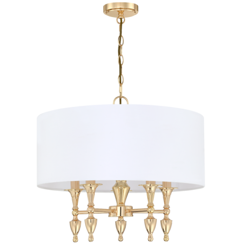 Wisząca lampa sufitowa Fresco o średnicy 55 cm i wysokości 47 cm, posiada błyszczące złote detale oraz okrągły biały klosz. Zawieszona na złotym łańcuszku, idealna do eleganckich wnętrz.