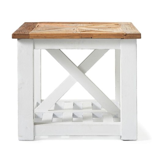 Stolik Chateau Chassigny 60x60x50 cm z naturalnym, prostokątnym blatem i białą konstrukcją. Front, pionowo, wzór na blacie i dekoracyjne podparcia w kształcie krzyża.
