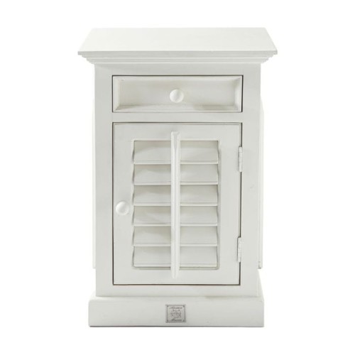 Biała szafka nocna w stylu Hamptons z jednym wysuwanym szufladą u góry i drzwiczkami z żaluzjami. Produkt stoi na prostokątnej podstawie, wymiary 50x40x75 cm. Na białym tle, z wyraźnymi detalami konstrukcji.