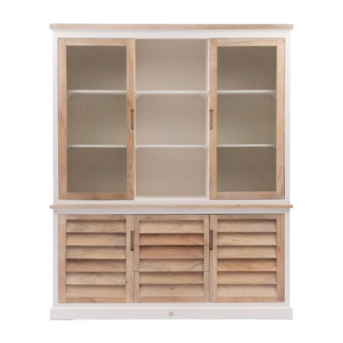 Kredens Pacifica XL Riviera Maison 180x45x220 cm, biały z naturalnym drewnem, szklane drzwi u góry, louverowane fronty na dole, frontalne ujęcie, stoi na podłodze, z przestrzenią do przechowywania.