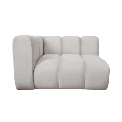 Sofa modułowa Ramona element prosty lewy w kolorze jasnoszarym, o wymiarach 114x89x70 cm. Ujęcie z boku ukazuje miękkość materiału i zaokrąglone krawędzie. Produkt ma gładką fakturę, bez widocznych zdobień czy napisów.